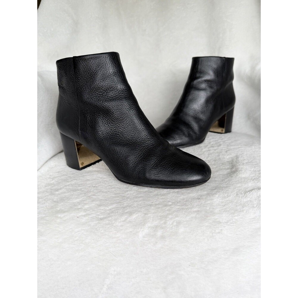 Tory Burch Black Pebbled Leather Ankle Boots Gold Logo Block Heel 7.5M
